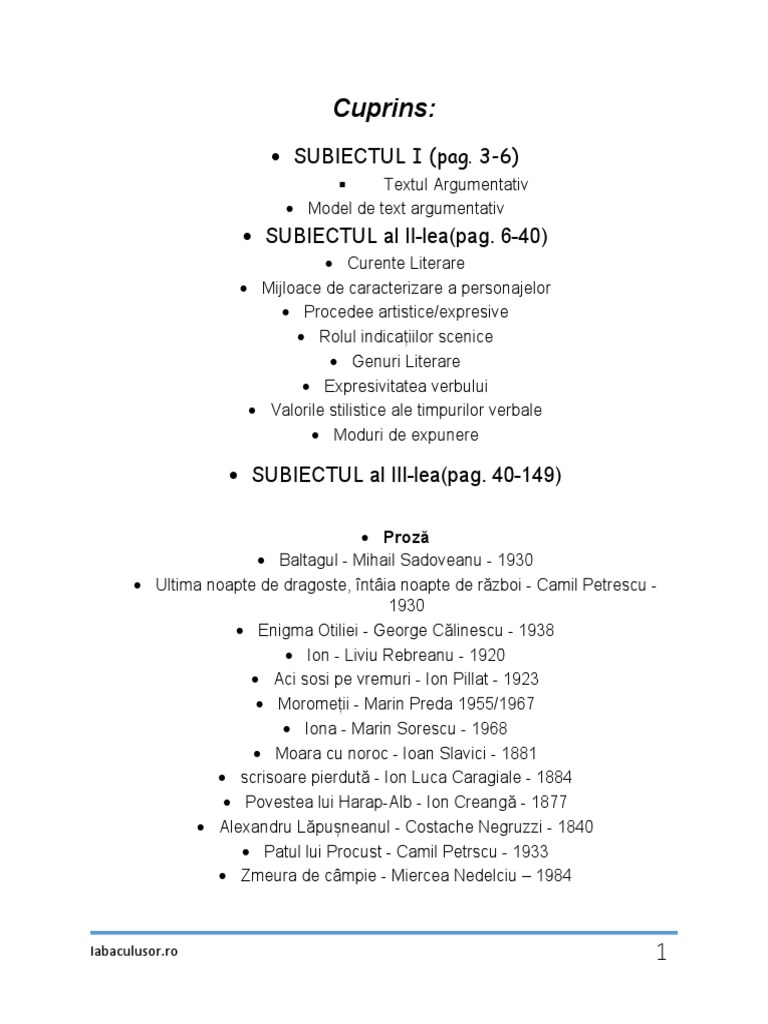Cuprins:: SUBIECTUL I (Pag. 3-6) SUBIECTUL Al II-lea (Pag. 6-40) | PDF
