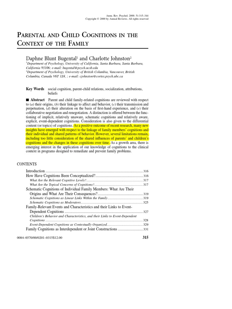 Parental and Child Cognitions in The Context of The Family | PDF ...