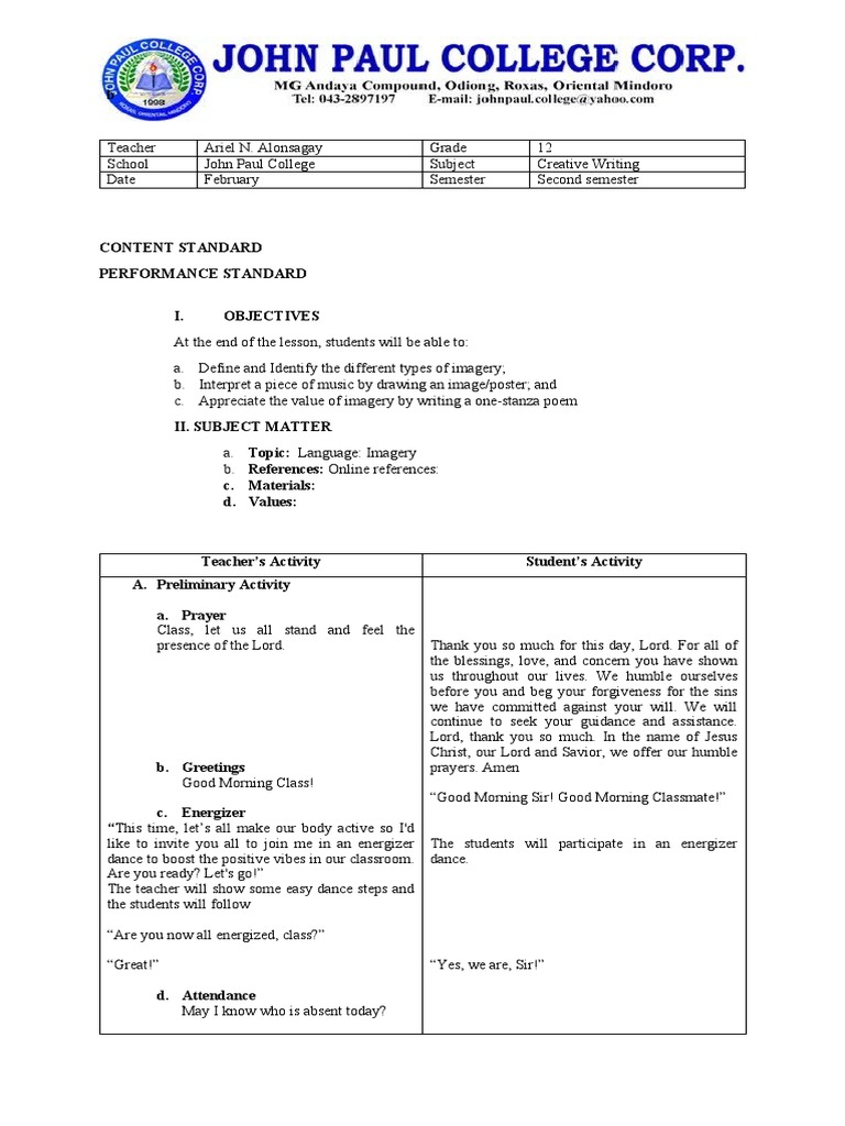 Imagery Lesson Plan for Creative Writing | PDF | Neuroscience ...