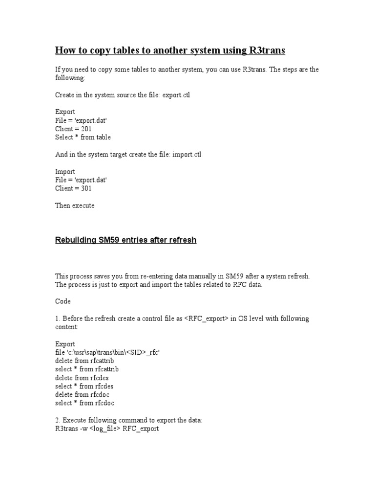 How To Copy Tables To Another System Using R3trans | PDF