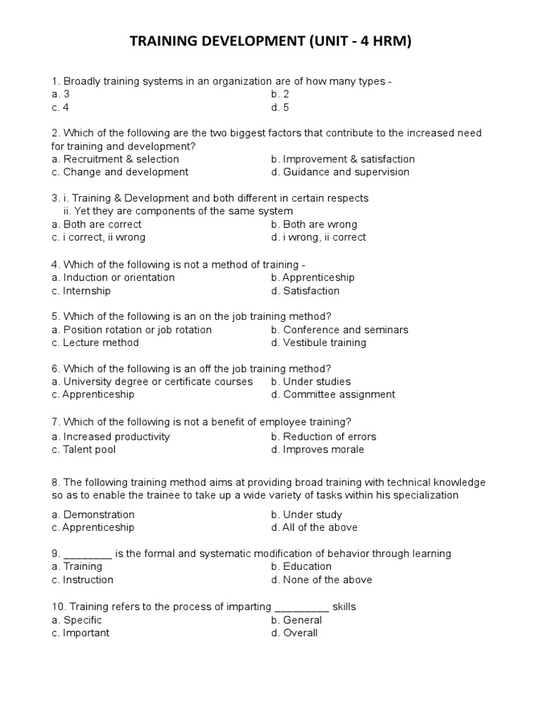 Unit 4 HRM Training Development MCQ | PDF | Career & Growth | Business
