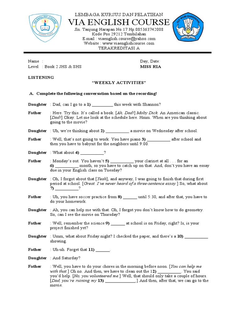 Listening 2 - Weekly Activities March 22 | PDF | Language Arts ...