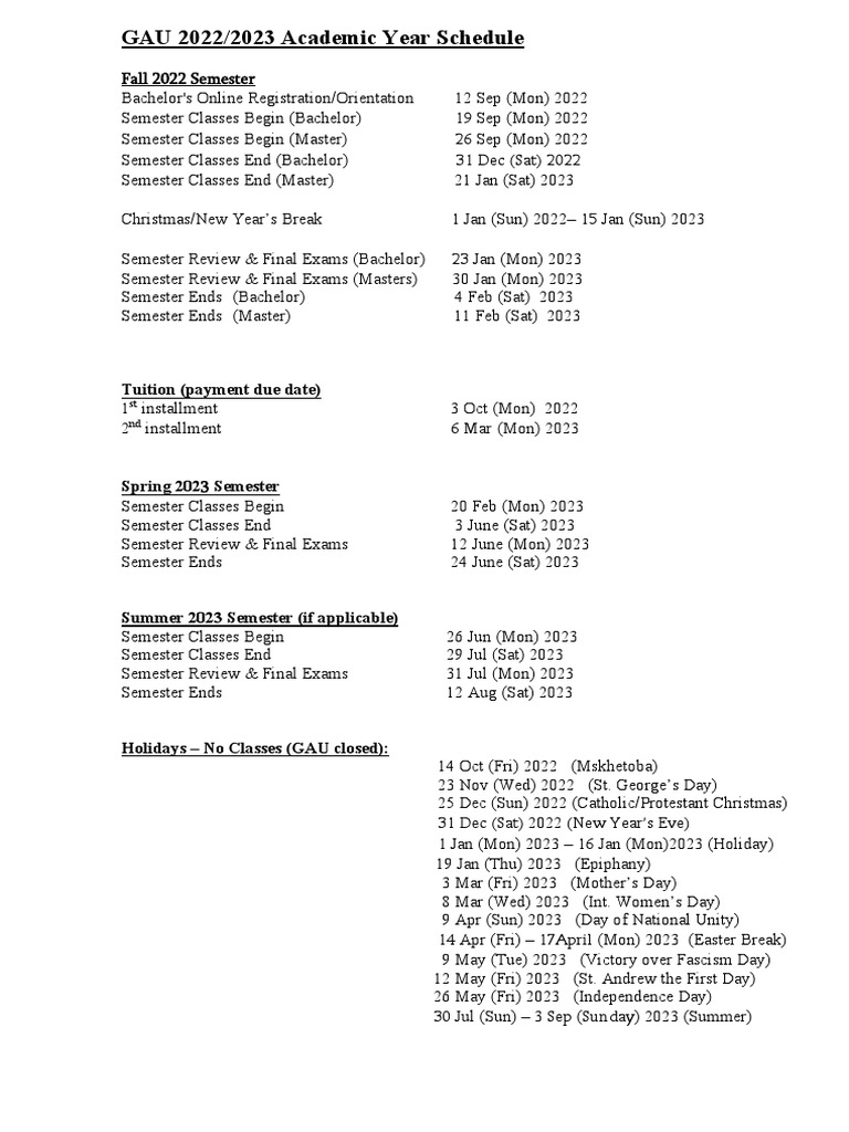 GAU 2022 2023 Academic Calendar PDF Academic Term Observances