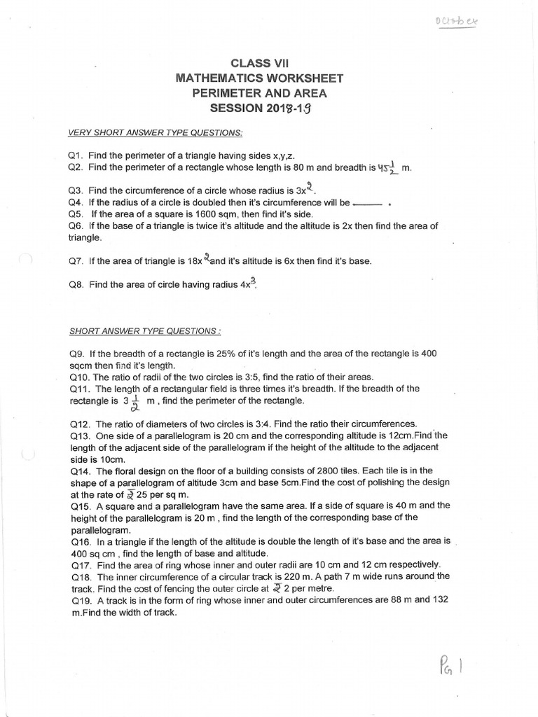 Perimeter and AreaClass 7Maths PDF