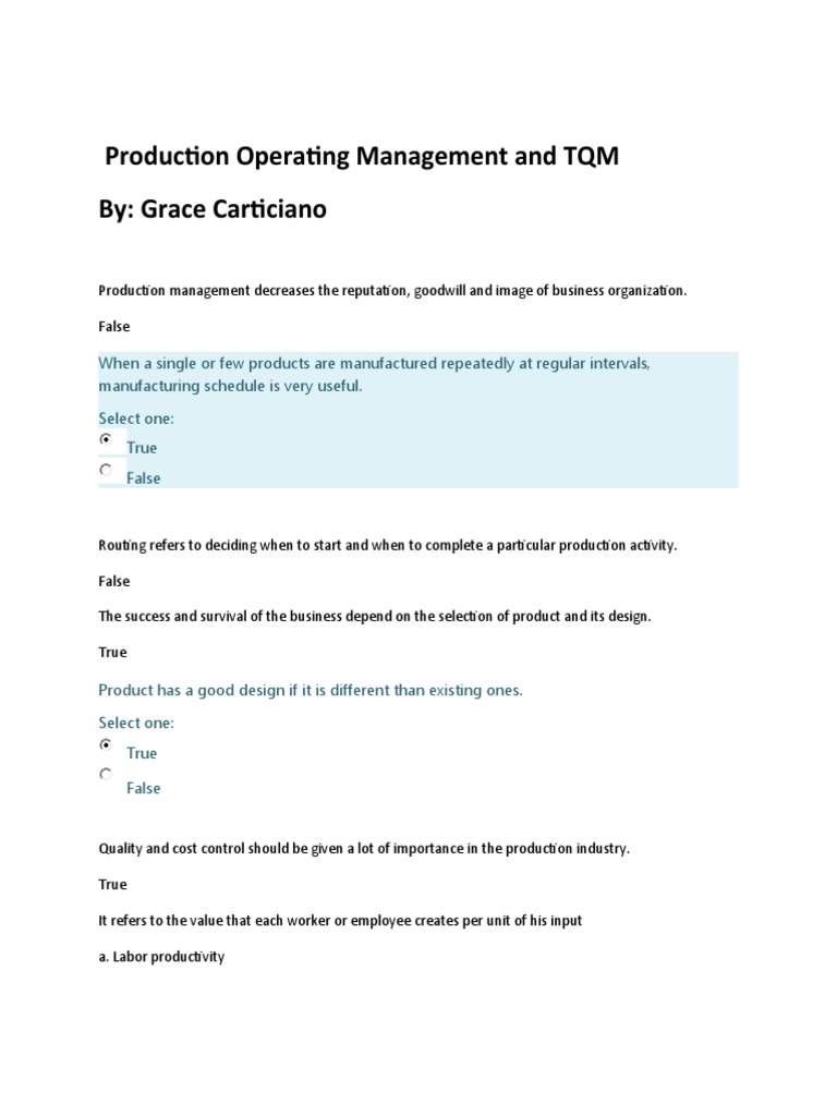 Production Operation Management And Tqm Quiz To Final Edited Pdf