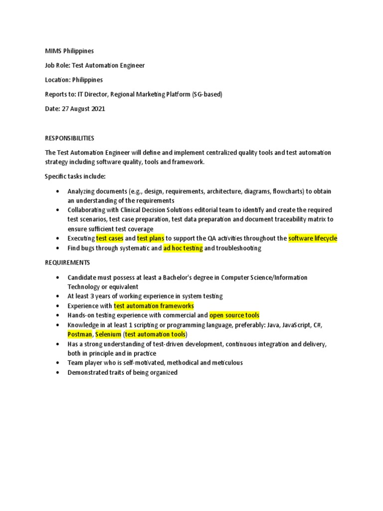 Test Automation Engineer Job in Philippines | PDF