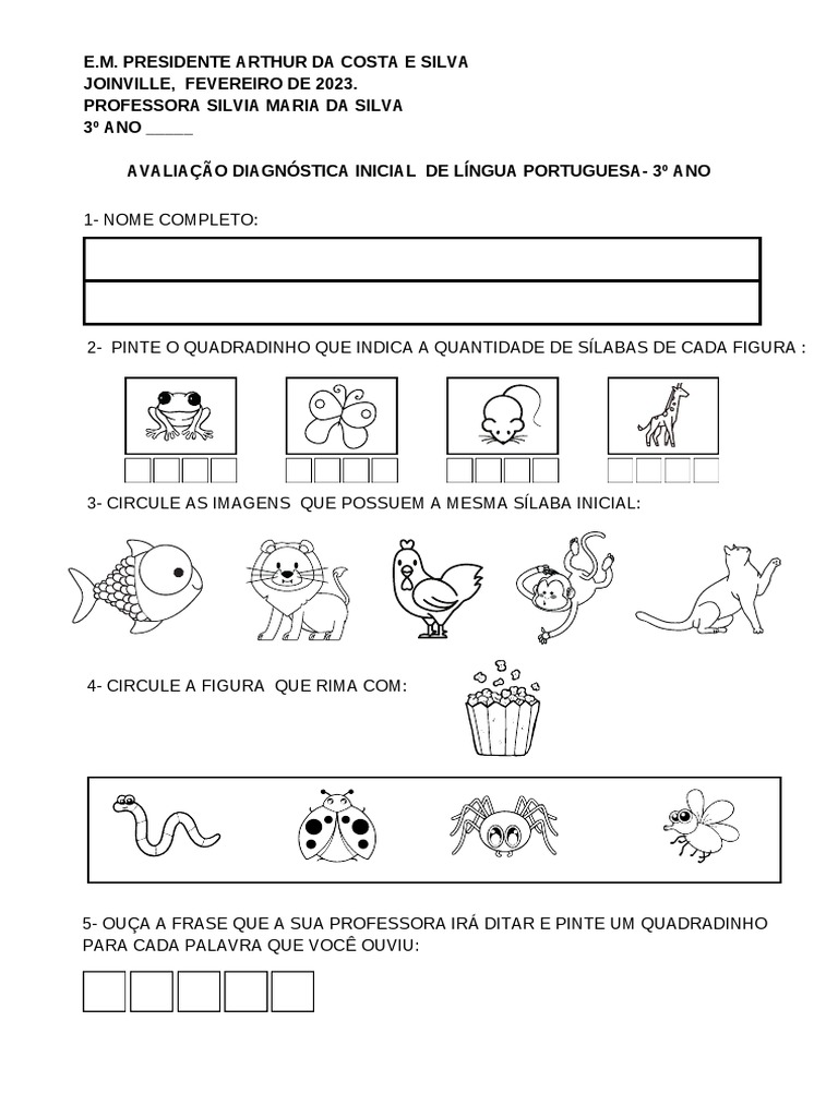 Avaliação Diagnóstica 3º Ano Português | PDF