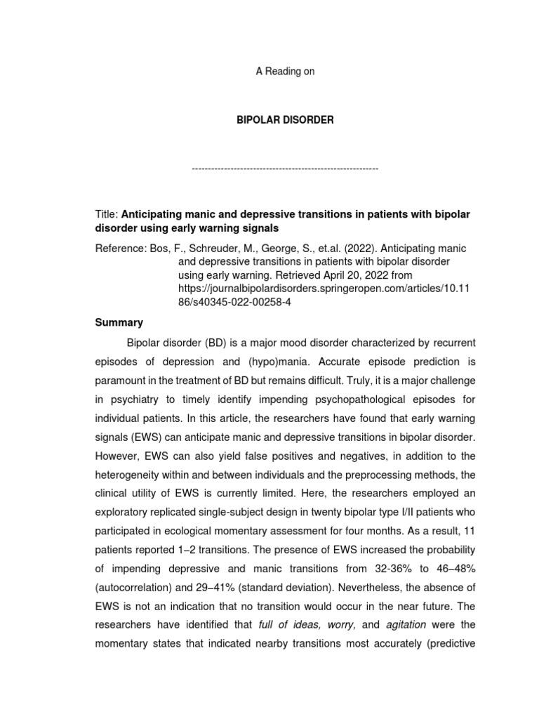 Nursing Reading On Bipolar Disorder PDF Bipolar Disorder Mania