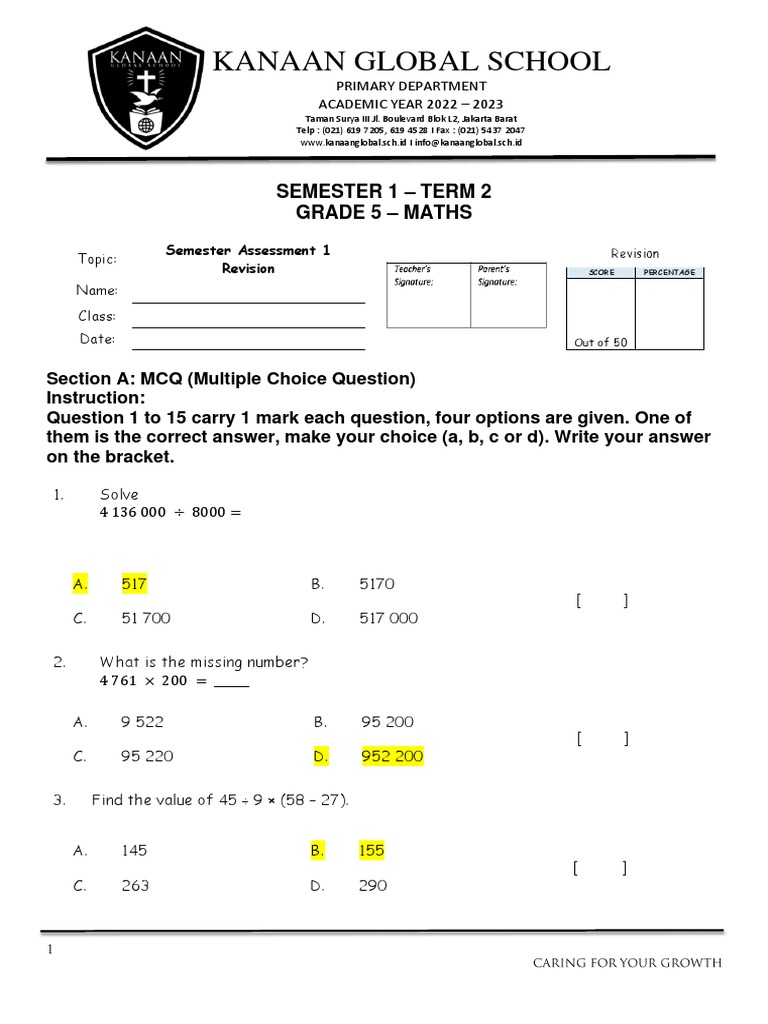 Grade 5 Maths Semester 1 Revision | PDF | Area | Ratio