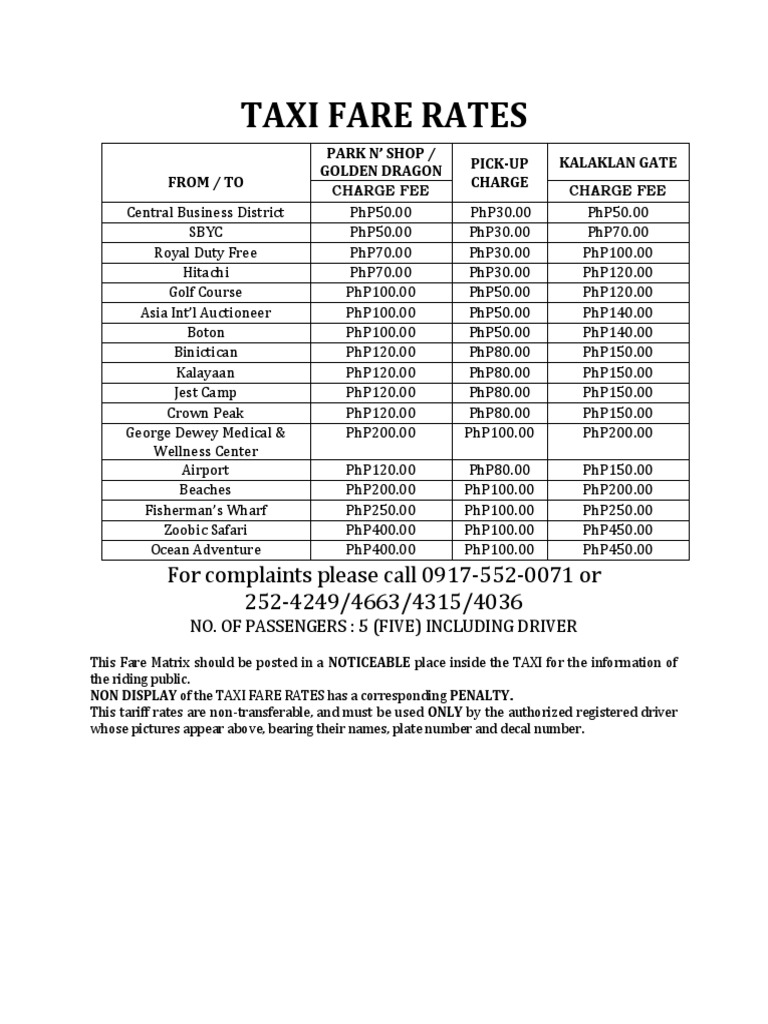 Taxi Fare Rates 2019 PDF