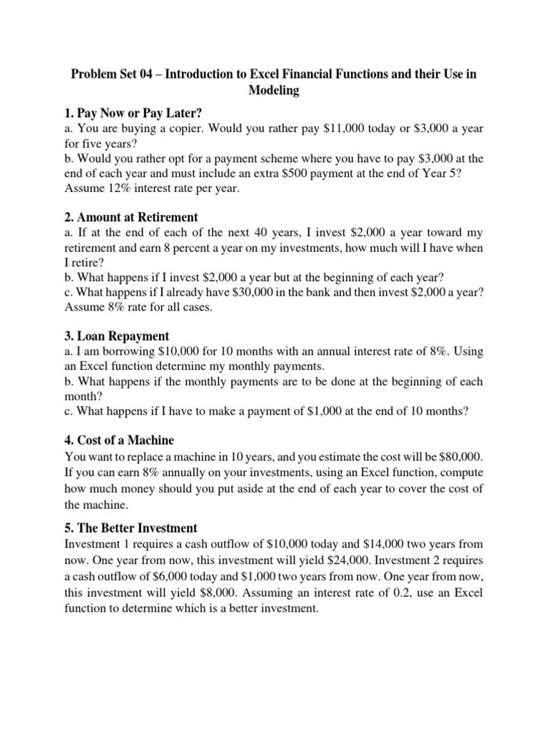 Excel Financial Functions Problem Set | PDF | Taxes | Net Present Value