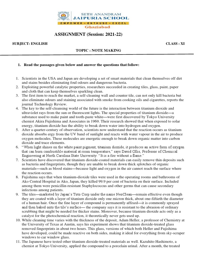 ASSIGNMENT - Note Making 2021-22 | PDF | Dietary Fiber | Diet & Nutrition
