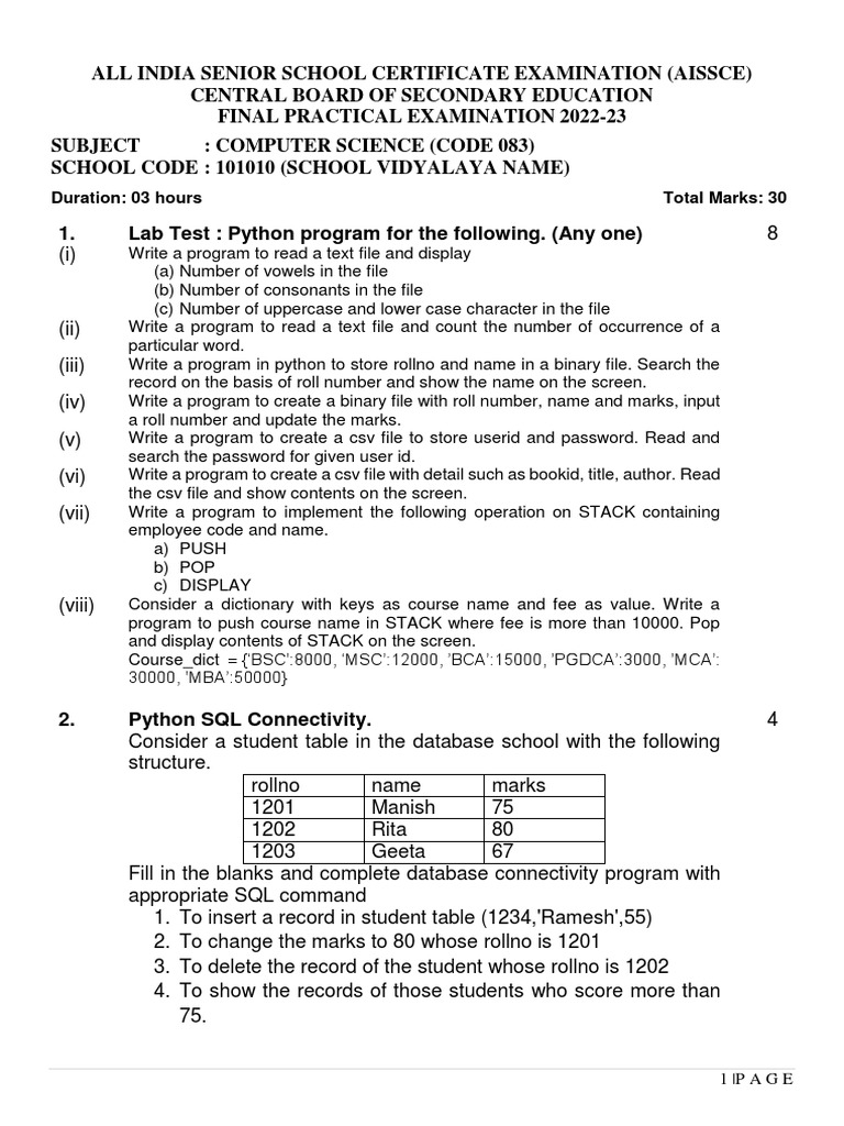 Practical sample paper pdf computer file password