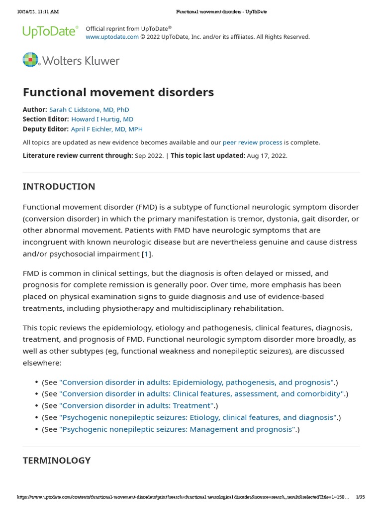 Functional Movement Disorders UpToDate PDF Dystonia Parkinson's