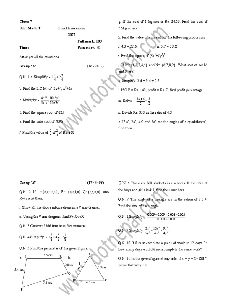 Class 7 Math Question | PDF | Elementary Geometry | Elementary Mathematics