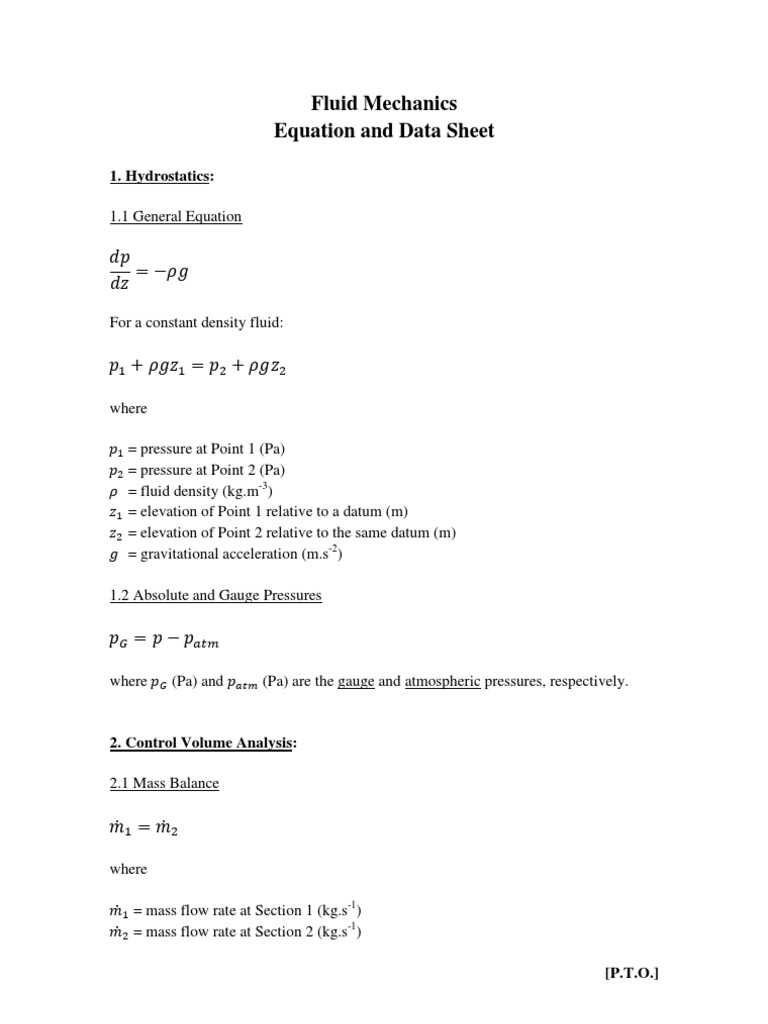 Fluid Mechanics Equation Sheet Full Fluid Dynamics Pressure