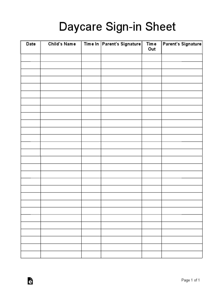 Daycare Sign in Sheet 3 PDF