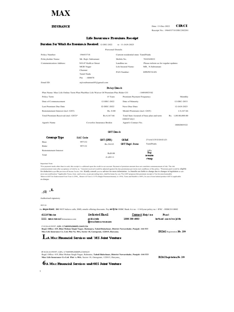 max-life-insurance-premium-receipt-for-mr-rajiv-subramani-s-15-year