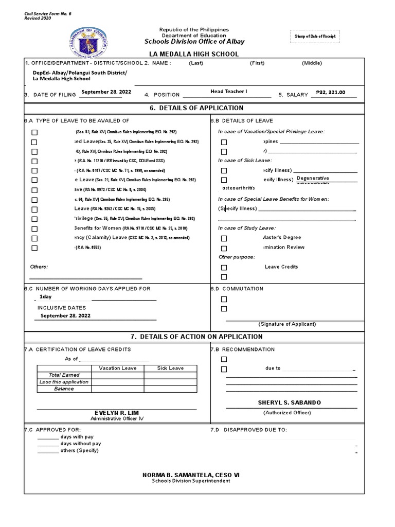 Cs Form 6 Revised 2020 Fillable PDF Childbirth Parental Leave
