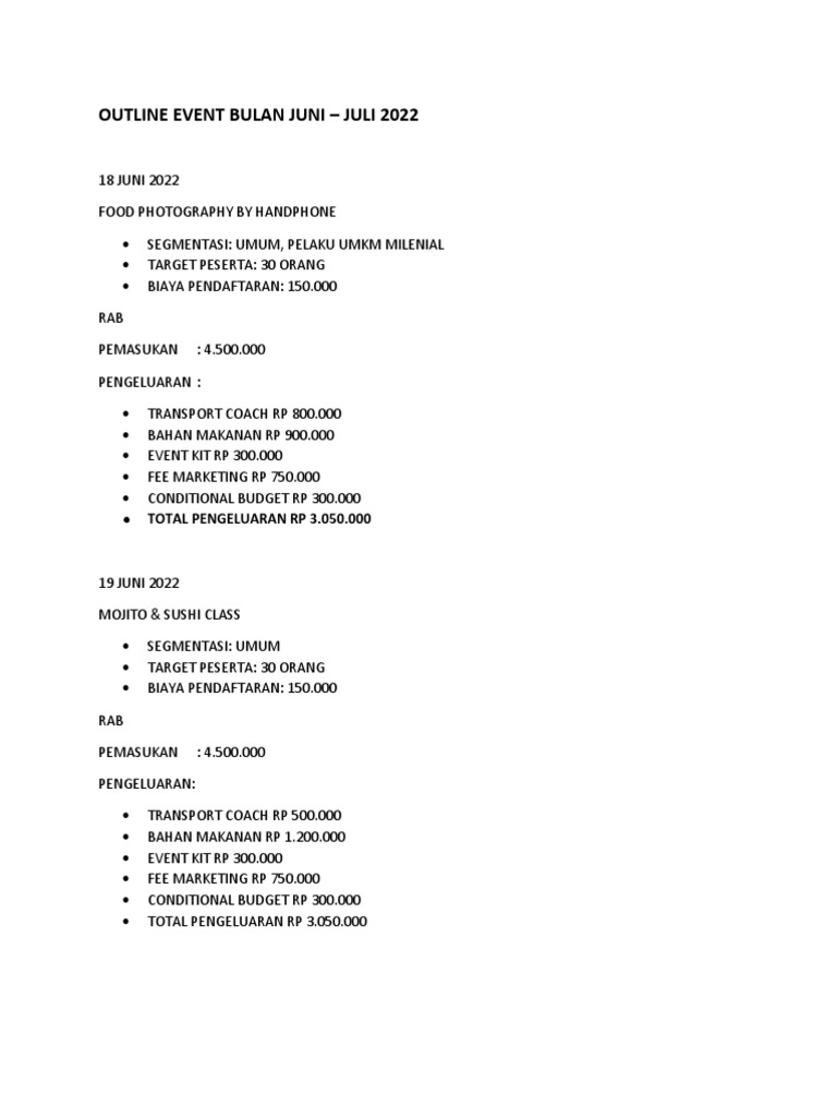 Rencana Kegiatan Event Juni-Juli 2022 | PDF