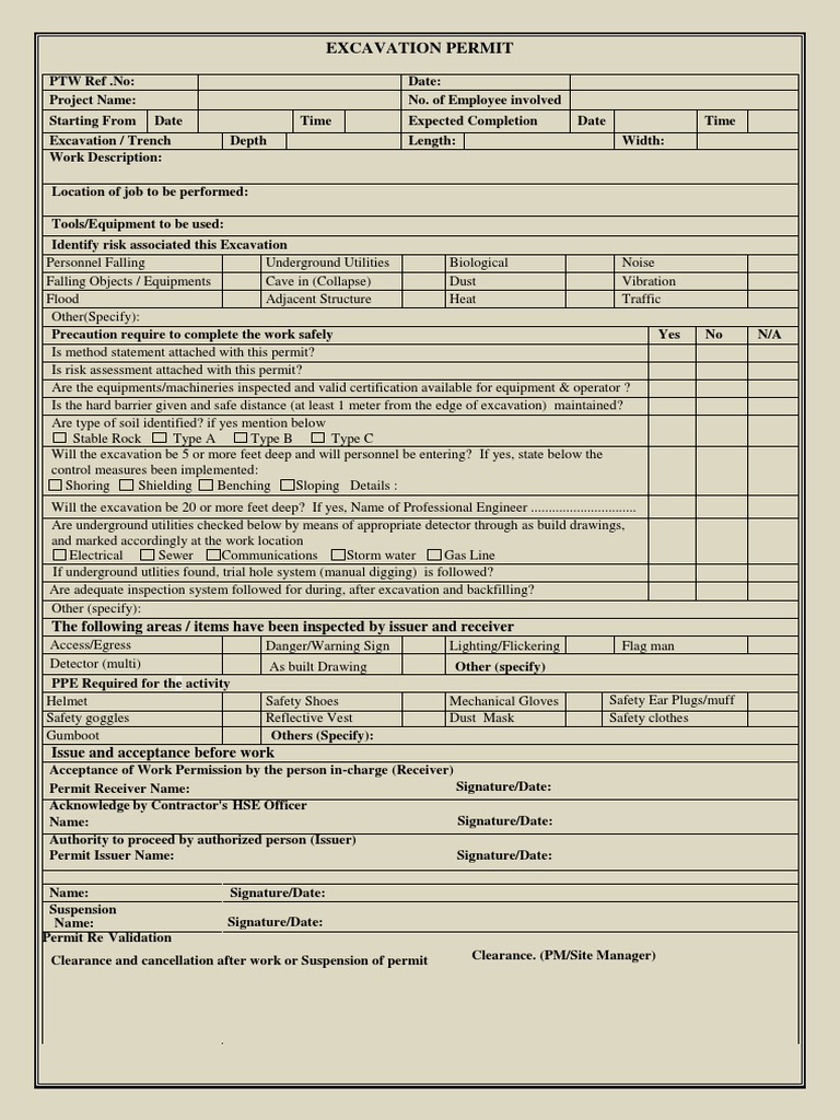 Excavation Permit Form PDF Trench Safety Excavation Permit Form PDF Trench Safety