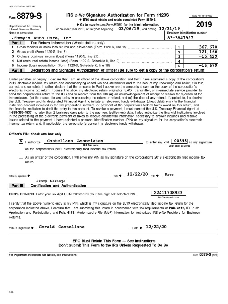 2019 IRS Form 8879-S Overview | PDF | S Corporation | Financial Economics