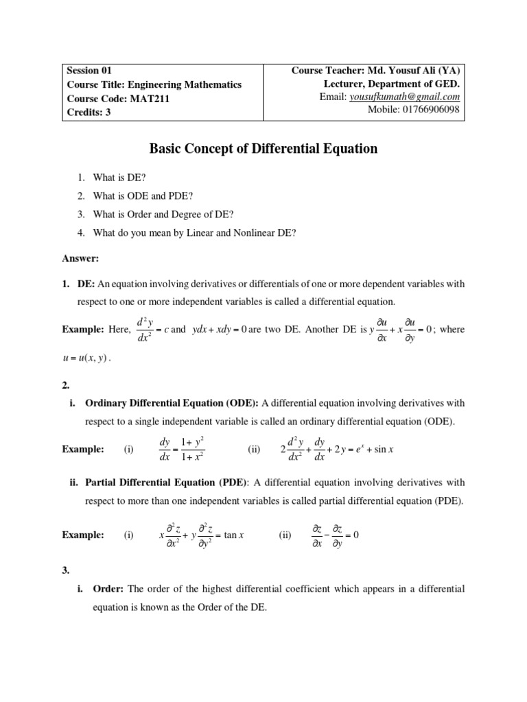 Basic Concept of Differential Equation Dy C DX Ydx Xdy U U y X X y U Uxy PDF Differential