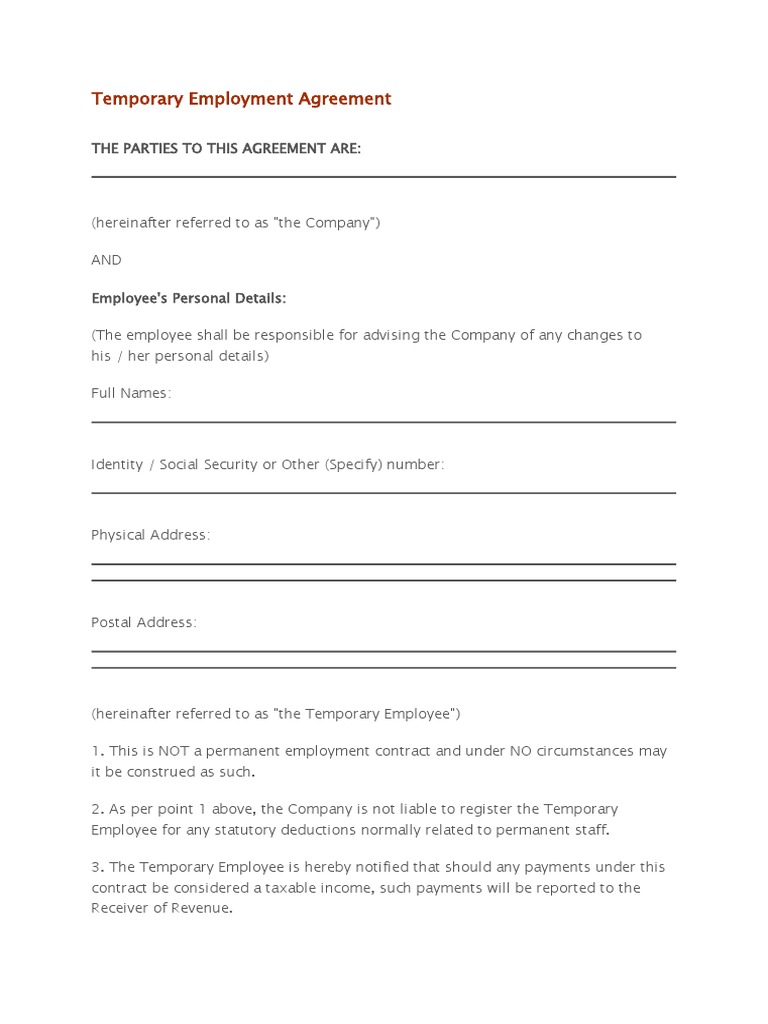 Temporary Employment Agreement Template | PDF | Employment | Temporary Work