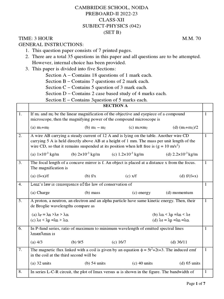 Xii Physics Preboard 2 Set B Pdf Electron Electromagnetic