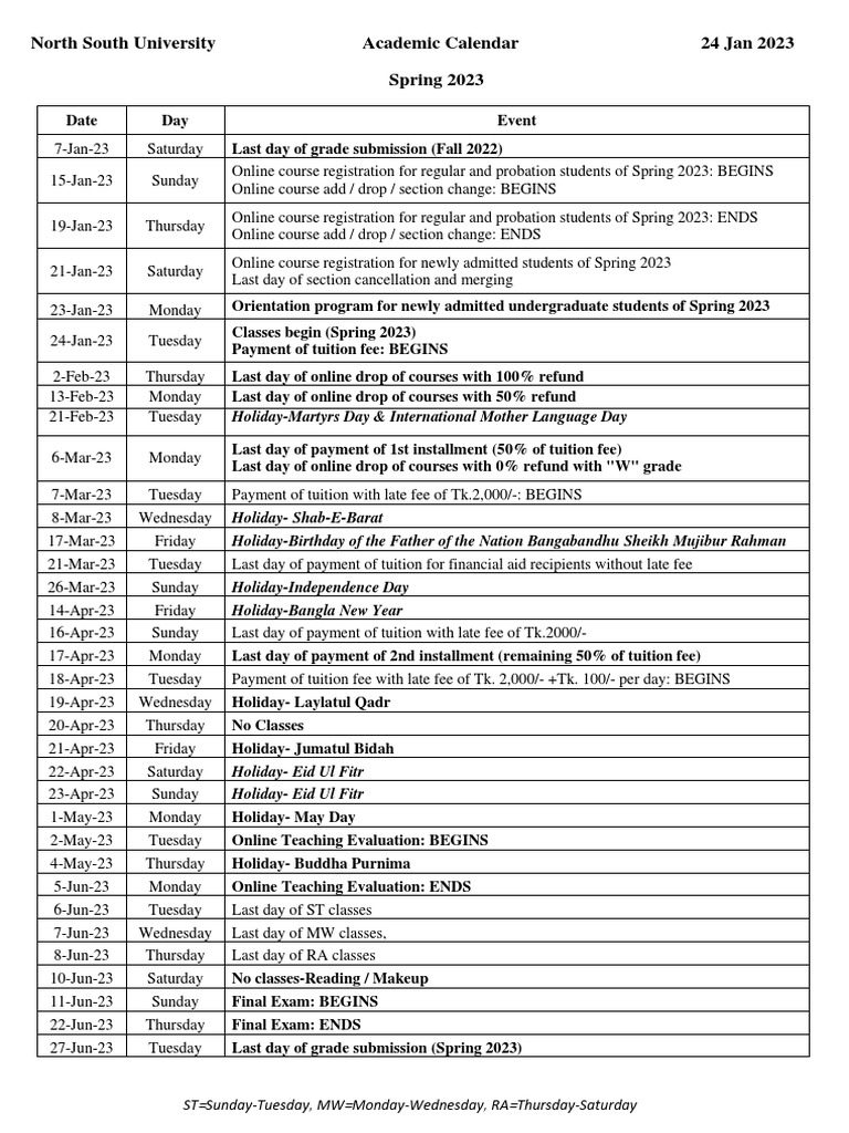 5240.academic Calendar Spring 2023 24 January PDF Academic Term Fee