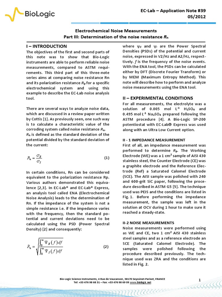 Electrochemical Noise Measurement Ena Astm Corrosion An39 3 PDF