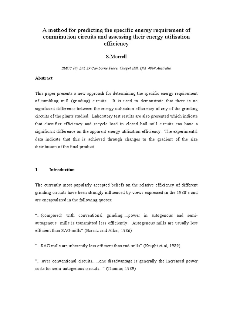 A Method For Predicting The Specific Energy Requirement of Comminution ...