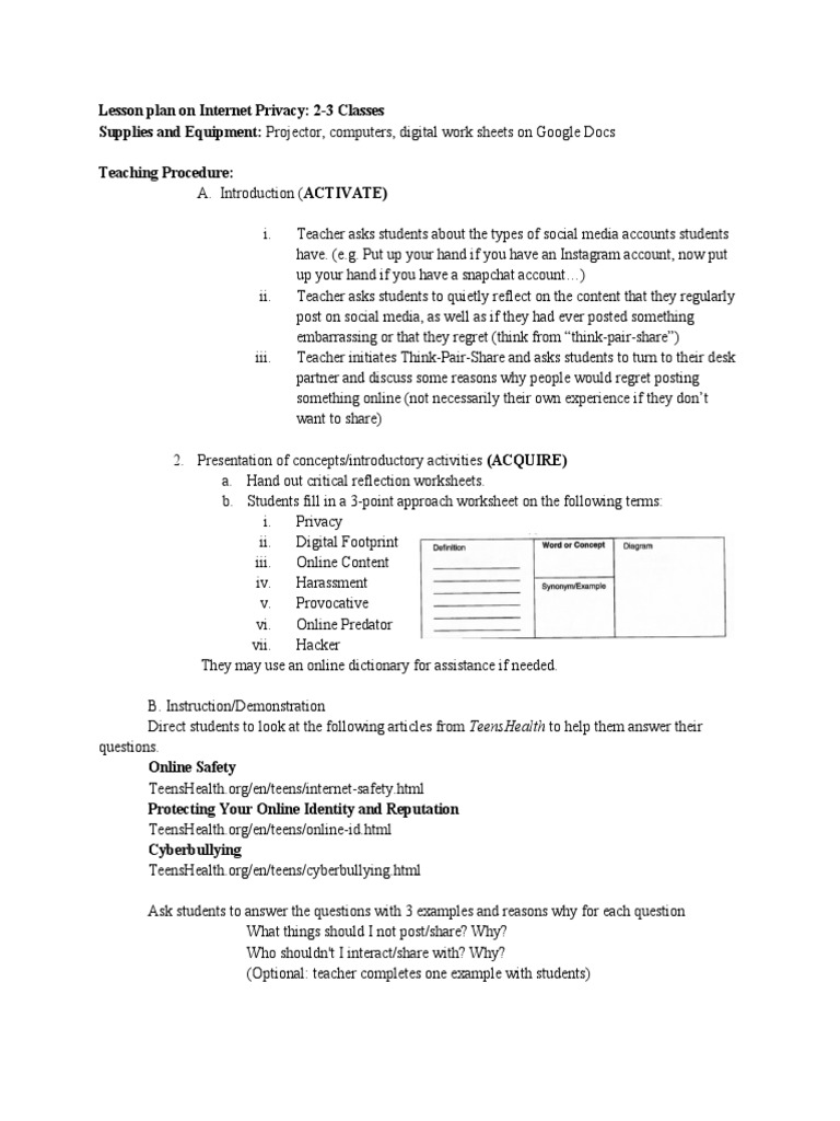 Internet privacy lesson plan pdf