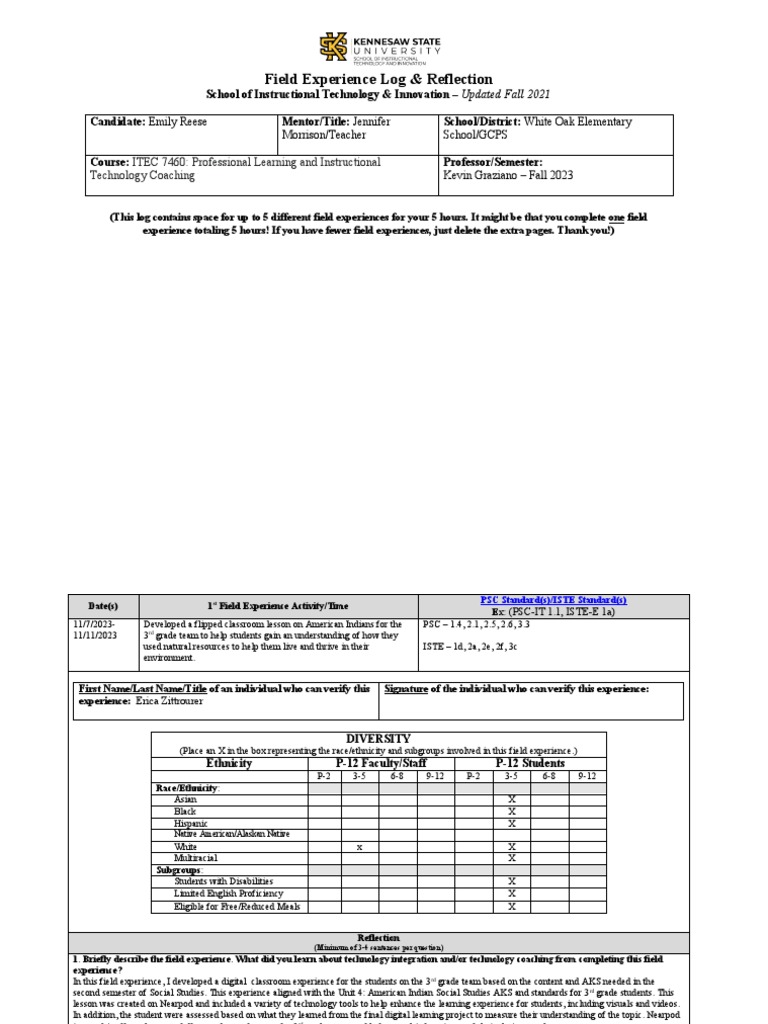 Field Experience Log Coaching PDF Learning Cognition