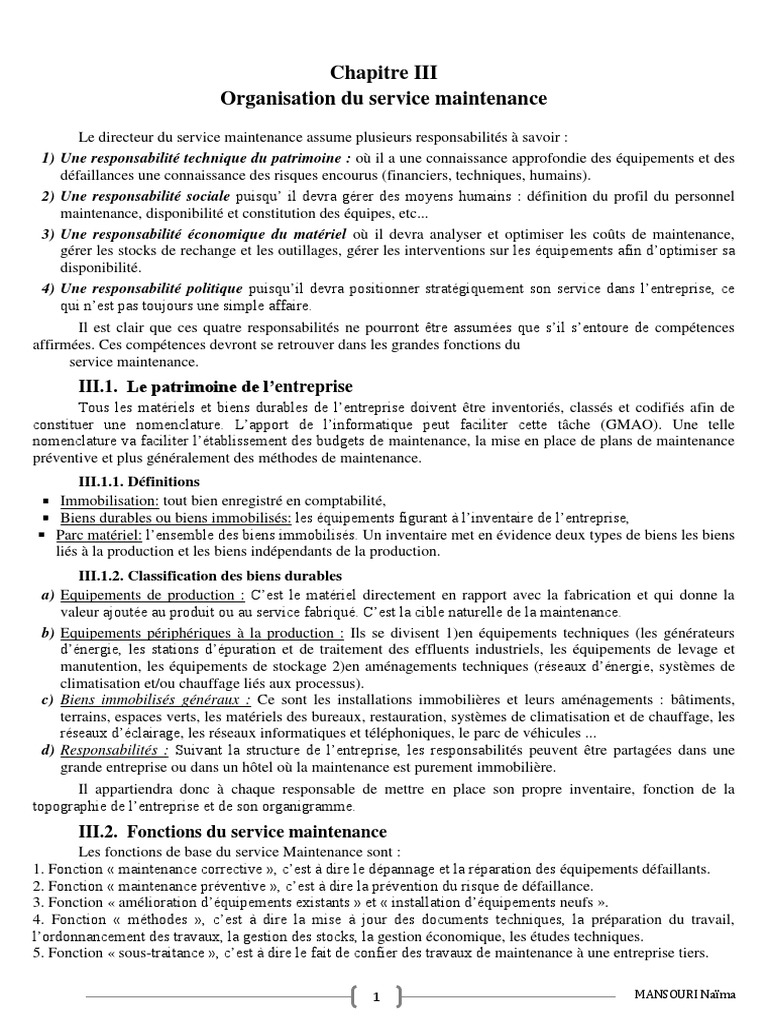 Organisation du Service de Maintenance | PDF | Business | Inventaire