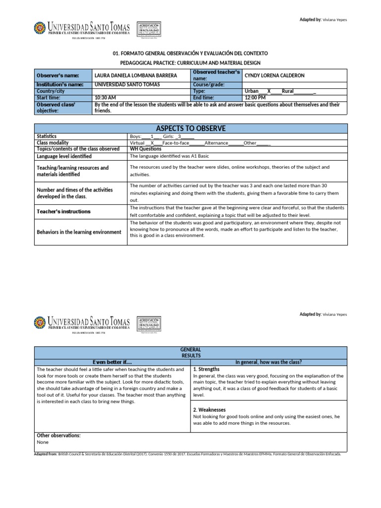 Classroom Observation Report: A1 English Lesson | PDF | Teachers | Learning