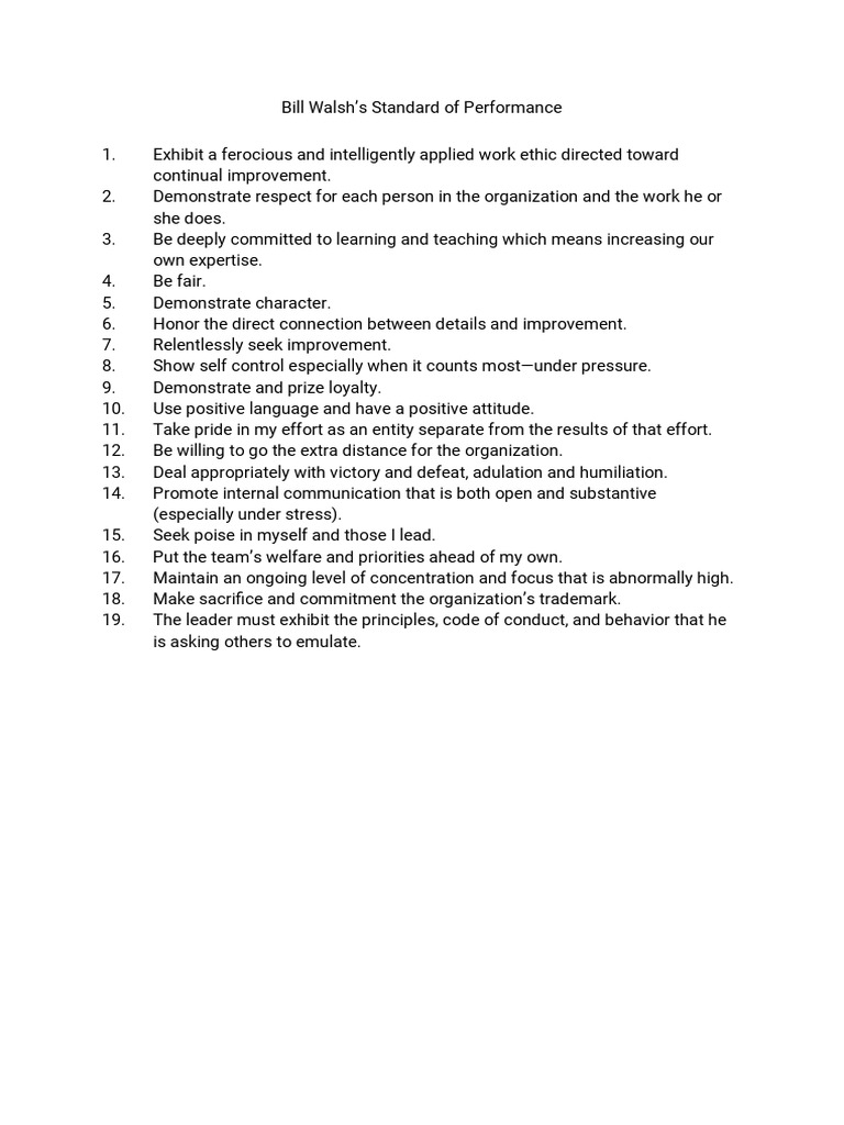 Bill Walsh's Performance Standards | PDF | Business | Self-Improvement