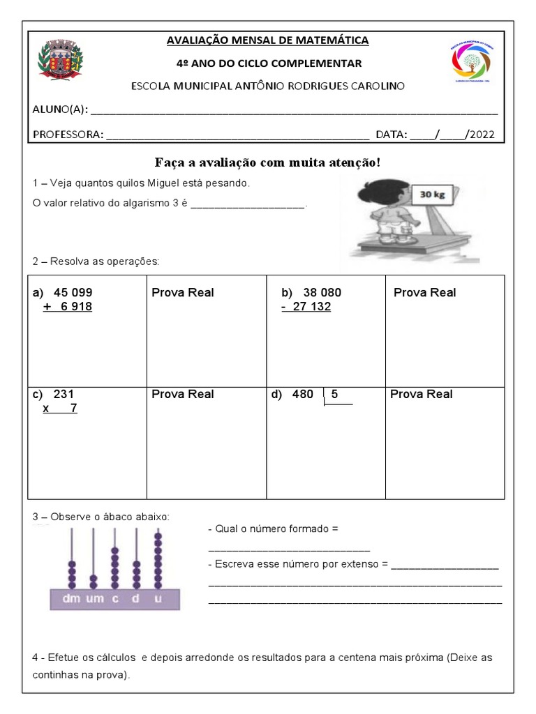 Avaliação mensal de matemática do 4o ano do ensino fundamental | PDF ...