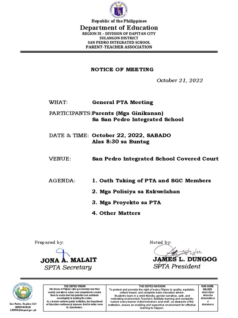 General PTA Meeting Notice | PDF | Learning | Behavior Modification