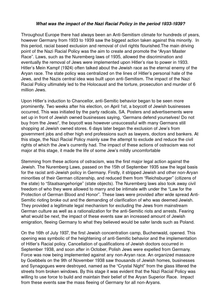 Essay Practise Impact of The Nazi Racial Policy 3339 PDF Nazi Germany Antisemitism