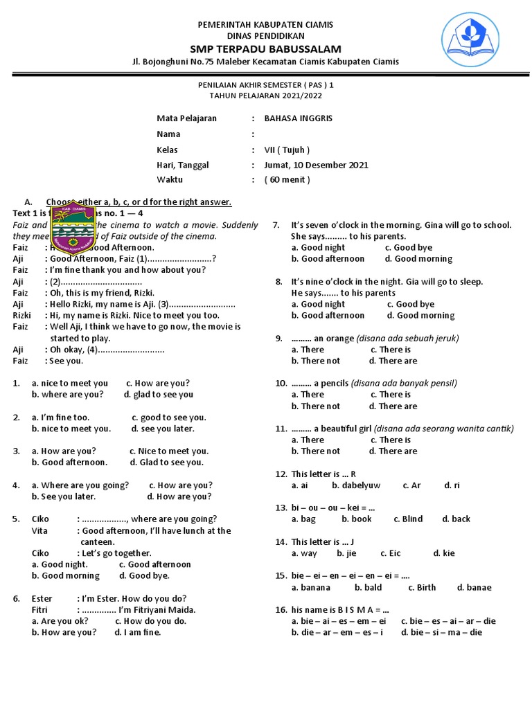 Smp Babussalam English Exam 2021 Pdf Human Anatomy Human Head And