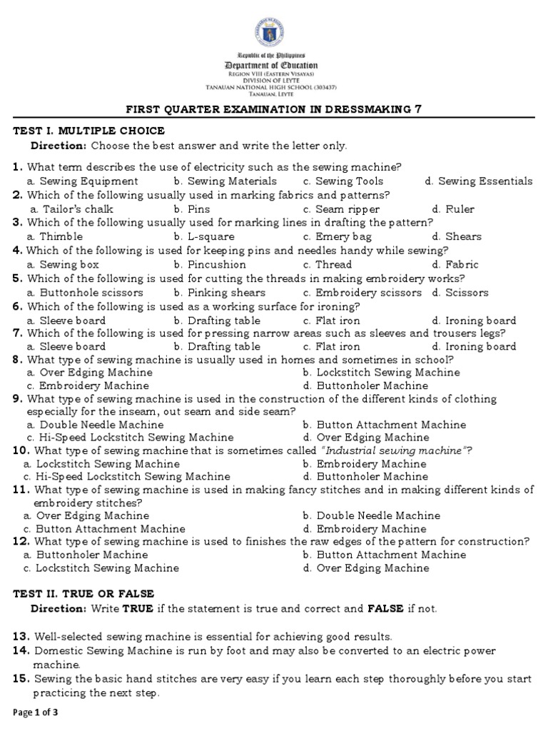 TQ in Dressmaking 7 | PDF | Sewing | Seam (Sewing)