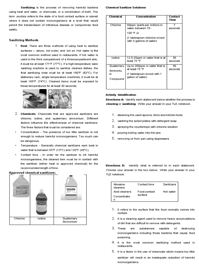 Chemical Sanitizers Concentrations, Contact Times, and Methods for