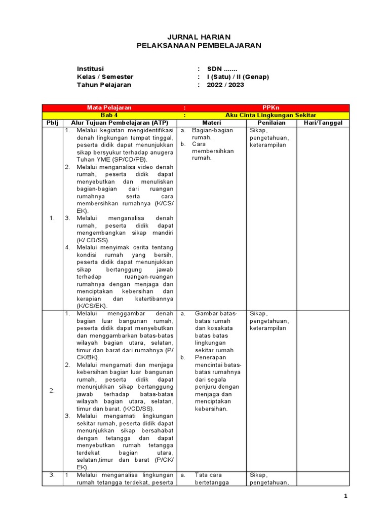 Jurnal Harian Kelas 1 Semester 2 | PDF