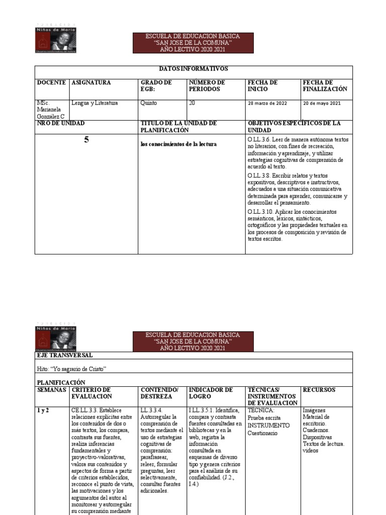 LENGUA Y LITERATURA 5ta Unidad 5to Grado 2021 2022 CON ADAPTACIÓN | PDF ...