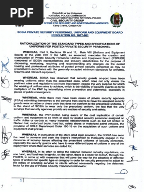 SOSIA PRIVATE SECURITY PERSONNEL UNIFORM AND EQUIPMENT BOARD RESOLUTION  No 2017-001