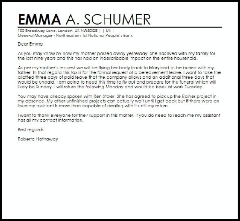 Official Bereavement Leave Letter Example PDF