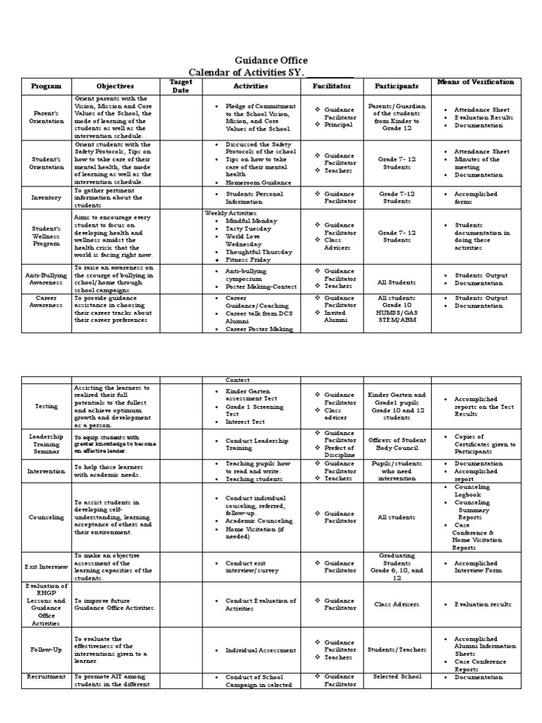 Calendar Of Activities Template Excel