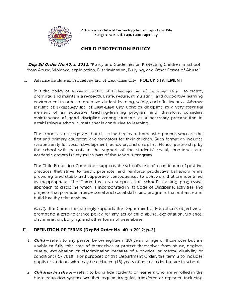 Child Protection Policy | PDF | Child Abuse | Violence