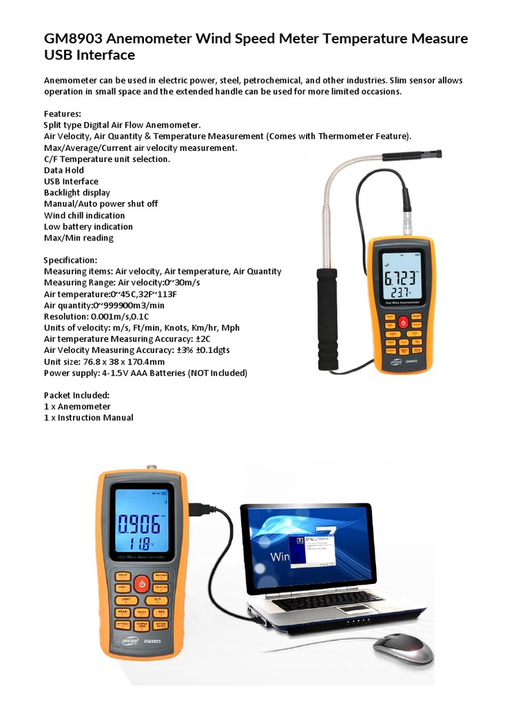 GM8903 Anemometer Wind Speed Meter Temperature Measure USB Interface PDF